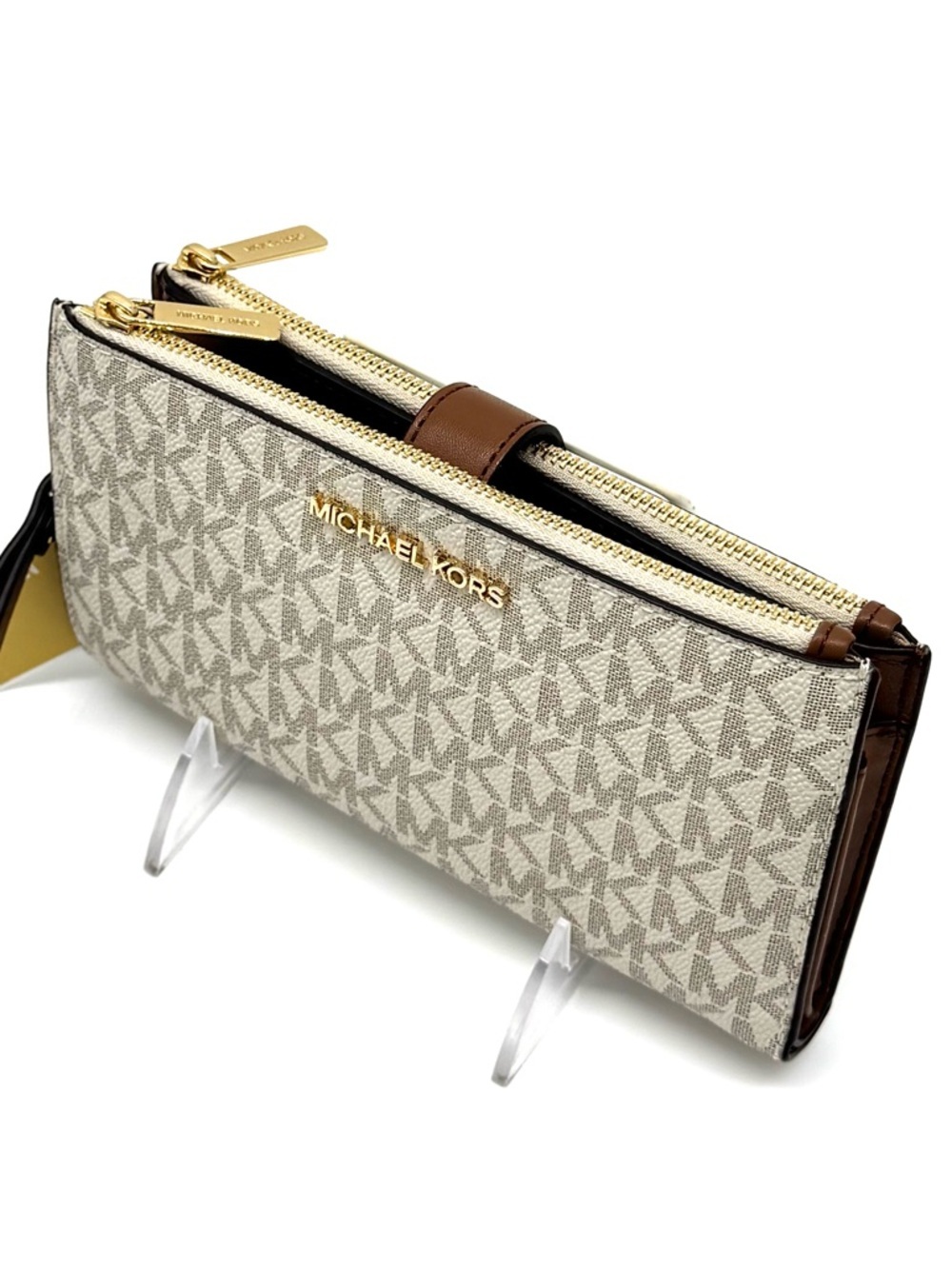 Michael Kors Large Double Zip Wallet Wristlet Vanilla/Brown - Picture 6 of 9
